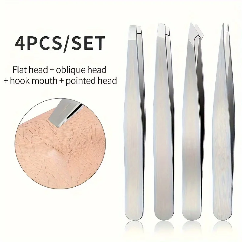4피스 전문 핀셋 세트 눈썹 제모, 수염 뽑기, 스테인리스 스틸 각진 핀셋 도구 제모 도구