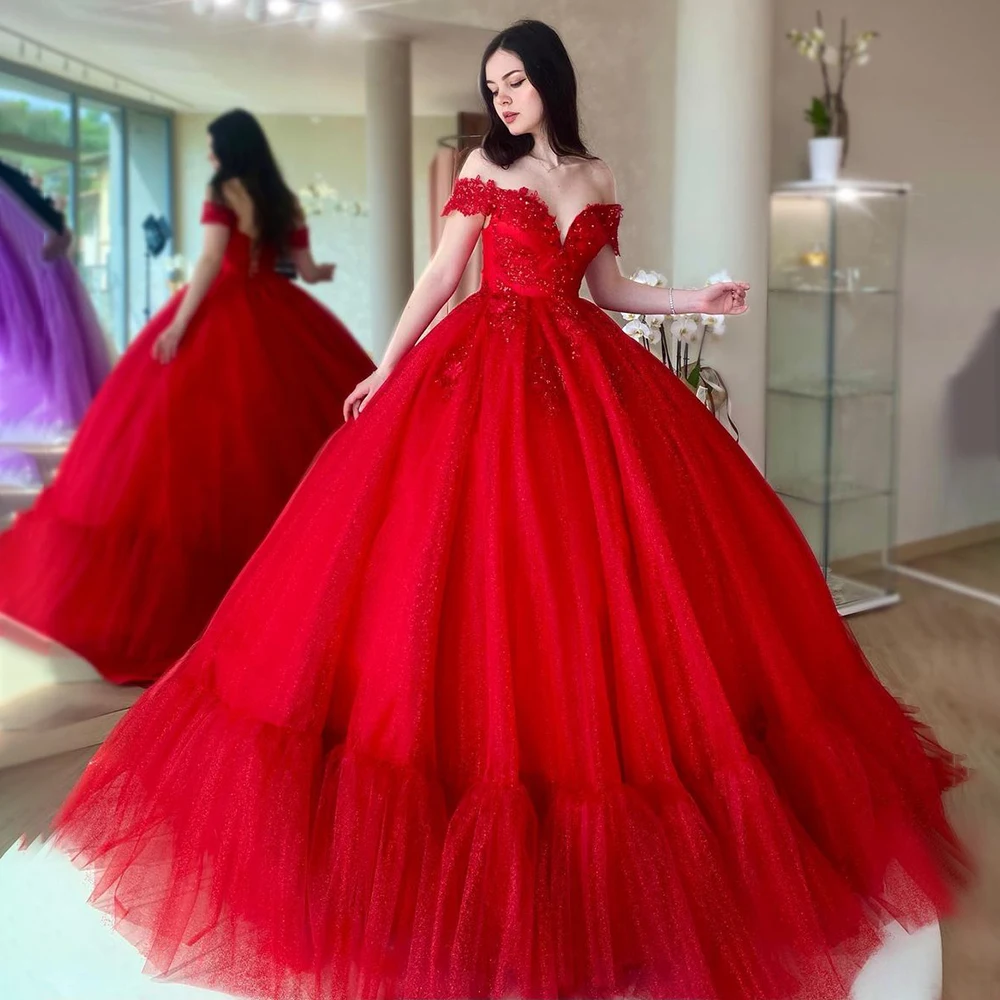 

Red Princess Prom Party Gown V-Neck Off The Shoulder Exquisite Backless Beading Lace Appliques Sequin Tulle Evening Dresses