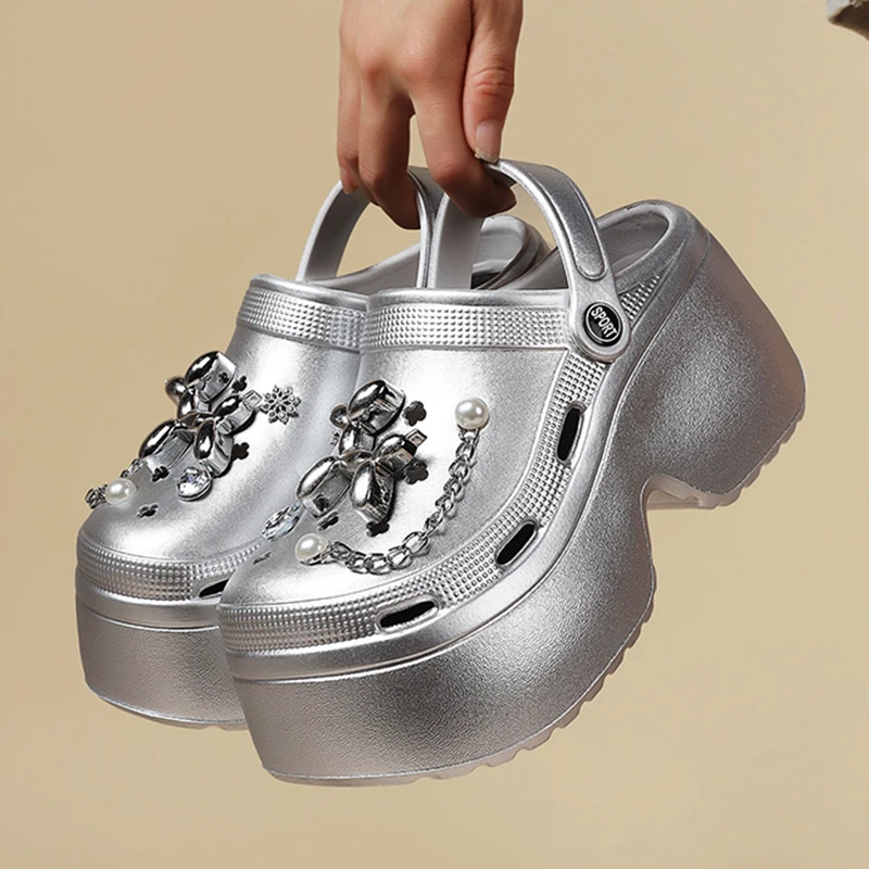 Women Sandals Silver Platform Clogs Summer Slip On Wedge Chain Thick Sole Garden Shoes