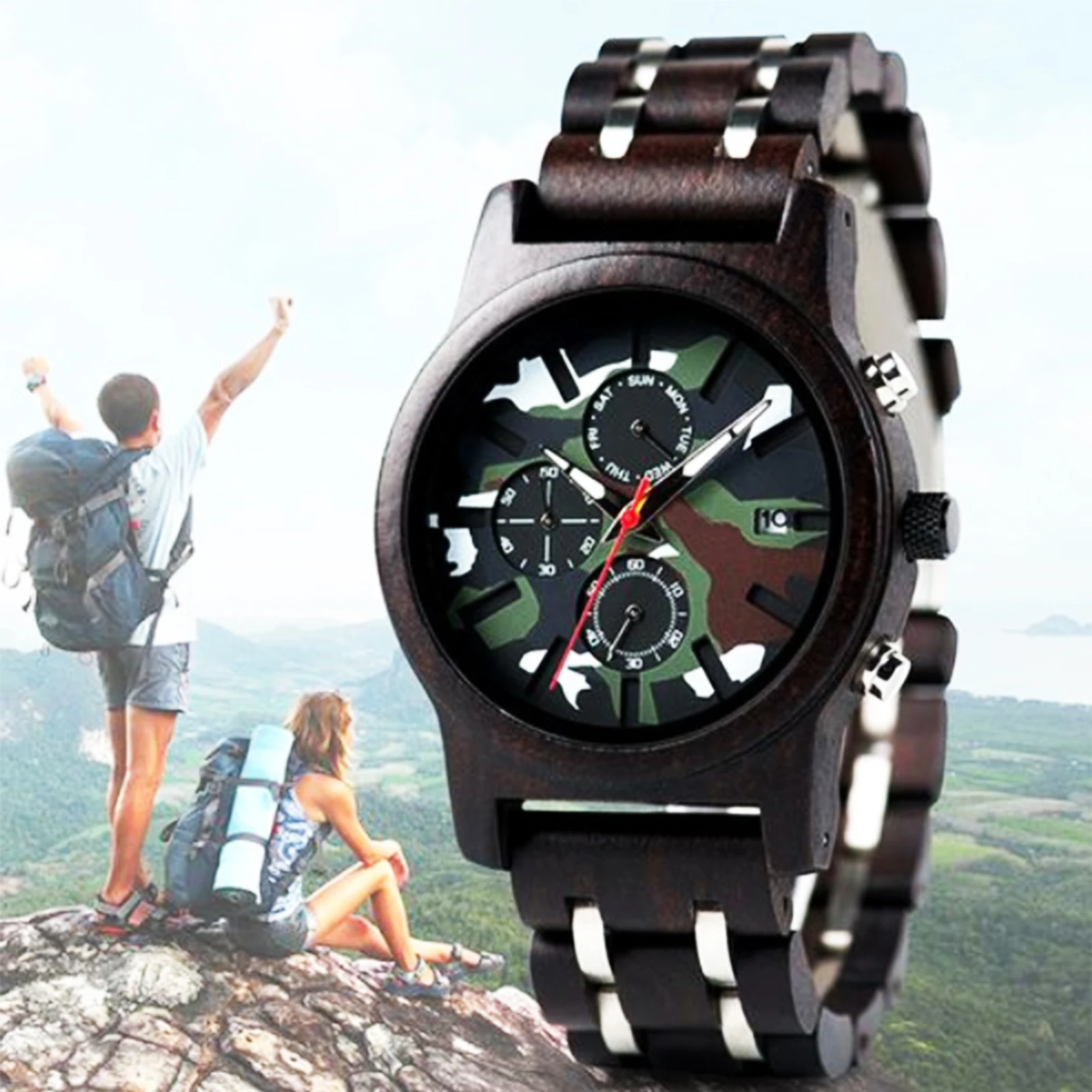 Men's Fashion Camouflage Wooden Display Calendar Multifunction Imported Quartz Chronograph Scratch Resistant Glass Gift Watch