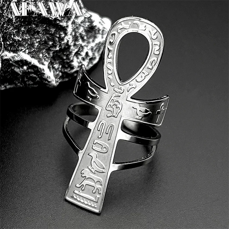 Egyptian Ankh Cross Key Of Life Adjustable Open Rings for Women Men Stainless Steel Mythology Animal Rune Finger Ring Jewelry