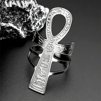Egyptian Ankh Cross Key Of Life Adjustable Open Rings for Women Men Stainless Steel Mythology Animal Rune Finger Ring Jewelry