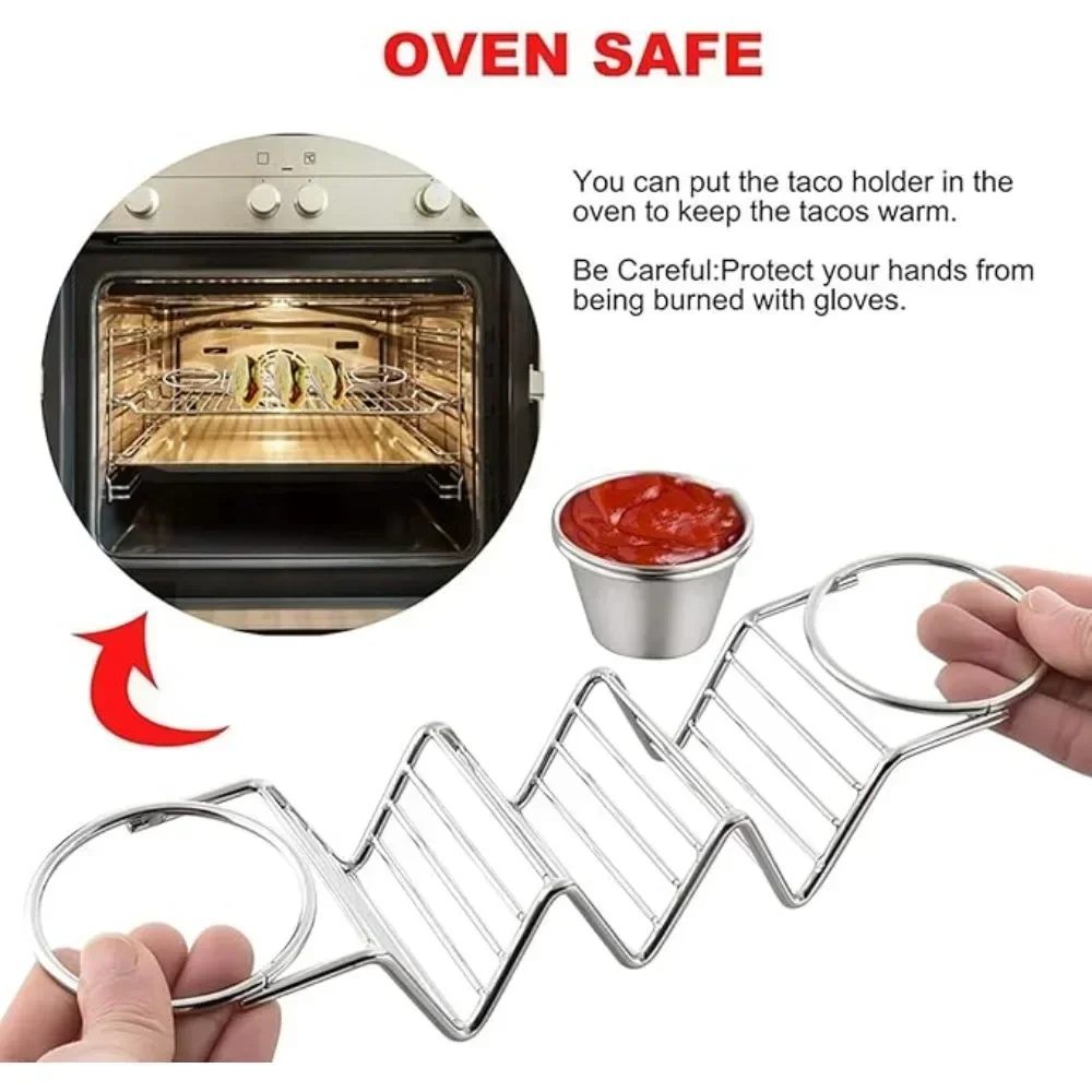 4PCS/Set Taco Holder Stand Set with Sauce Cups and Spoons Stainless Steel Mexican Food Rack Taco Tray for Restaurant Home Use