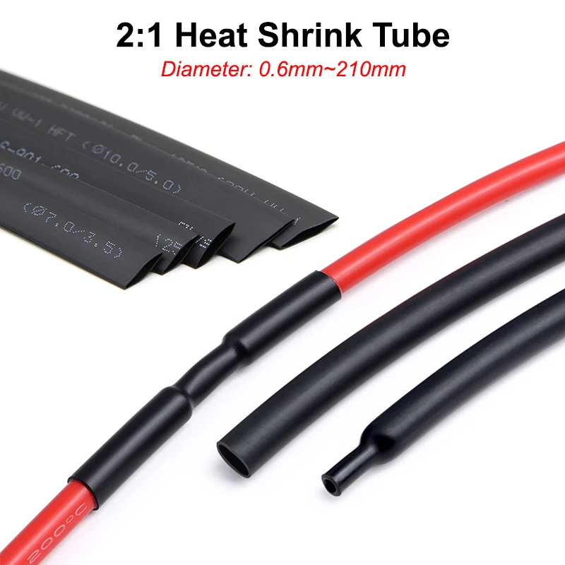 Black 2:1 Heat Shrink Tube Dia.0.6mm~210mm Polyolefin DIY Cable Repair Heat Shrinkable Tubing Heat-Shrink Sleeve Insulation Wrap
