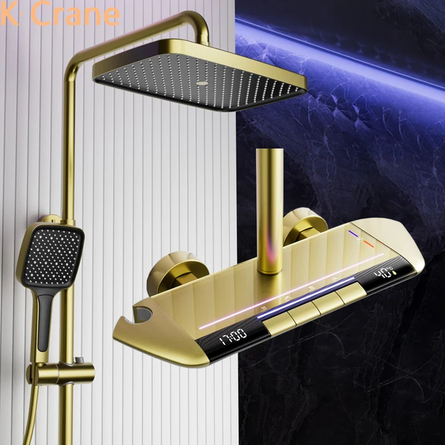 แปรงทองบรรยากาศฝักบัวอาบน้ําก๊อกน้ําอ่างอาบน้ํา LED ดิจิตอลร้อนเย็นระบบฝักบัวอาบน้ําอ่างอาบน้ํา Wall Mount Bath TAP ชุด 1