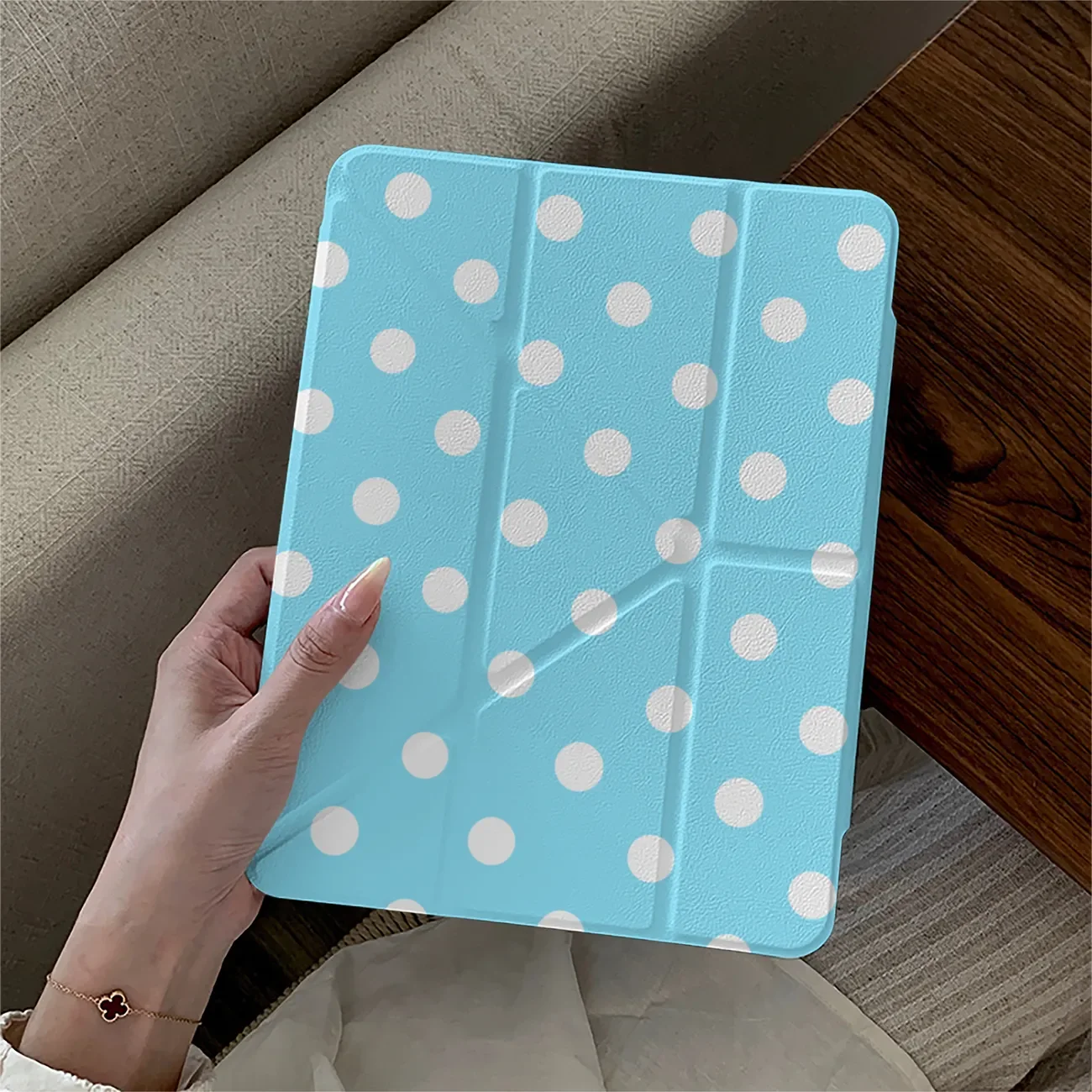 Summer Fresh White Wave Point Adhesive iPad Case with Buckle Edge Design