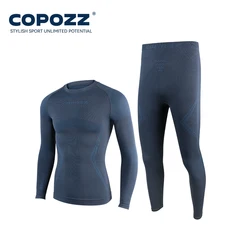 COPOZZ Unisex Thermal Ski Underwear Set - Quick Dry Compression Tracksuit - XXL (Men blue gray)