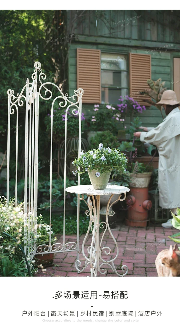 Outdoor Metal Iron Round Side Table Vintage White Finish Rustic Garden Table Decorative Balcony Accent Patio Flower Rack
