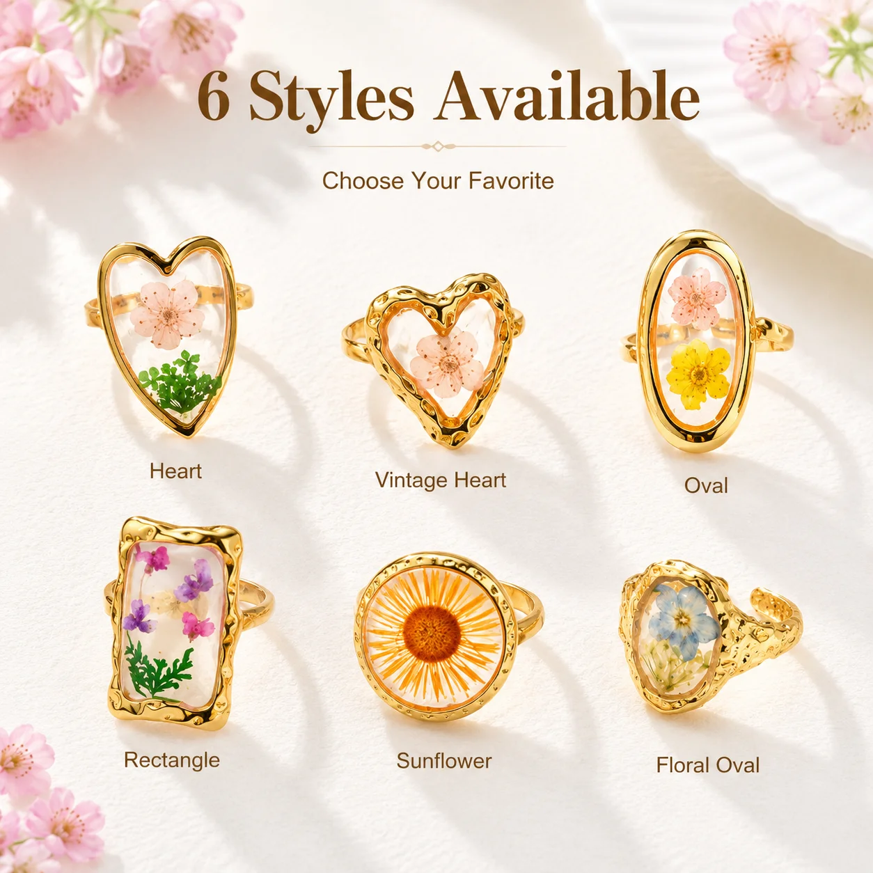 Anelli in Acciaio Inossidabile per Donne, Gioielli con Fiori Secchi in Resina, Anelli Floreali Vintage Geometrici Aperti Regolabili, Impermeabili - immagine 5