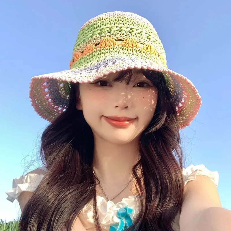 

Korean Version of Color Splicing Hollow Straw Hat Women's Summer New Seaside Vacation Sunshade Big Head Foldable Bucket Hats