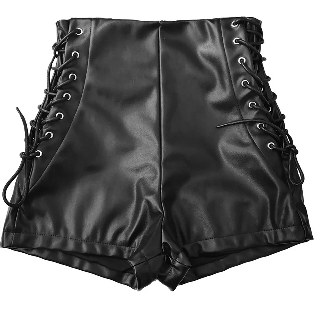 Women Faux Leather Tight Shorts Fashion High Waist Black Side Bandage Short Pants Sexy Skinny Nightclub Clubwear Hot Pant Shorts