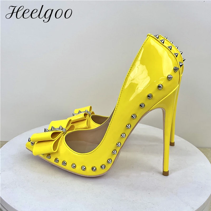 

Heelgoo Spikes Bow Women Glossy Yellow Pointy Toe High Heel Shoes Plus Size 33-46 Sexy Party Stiletto Pumps Color Customizable