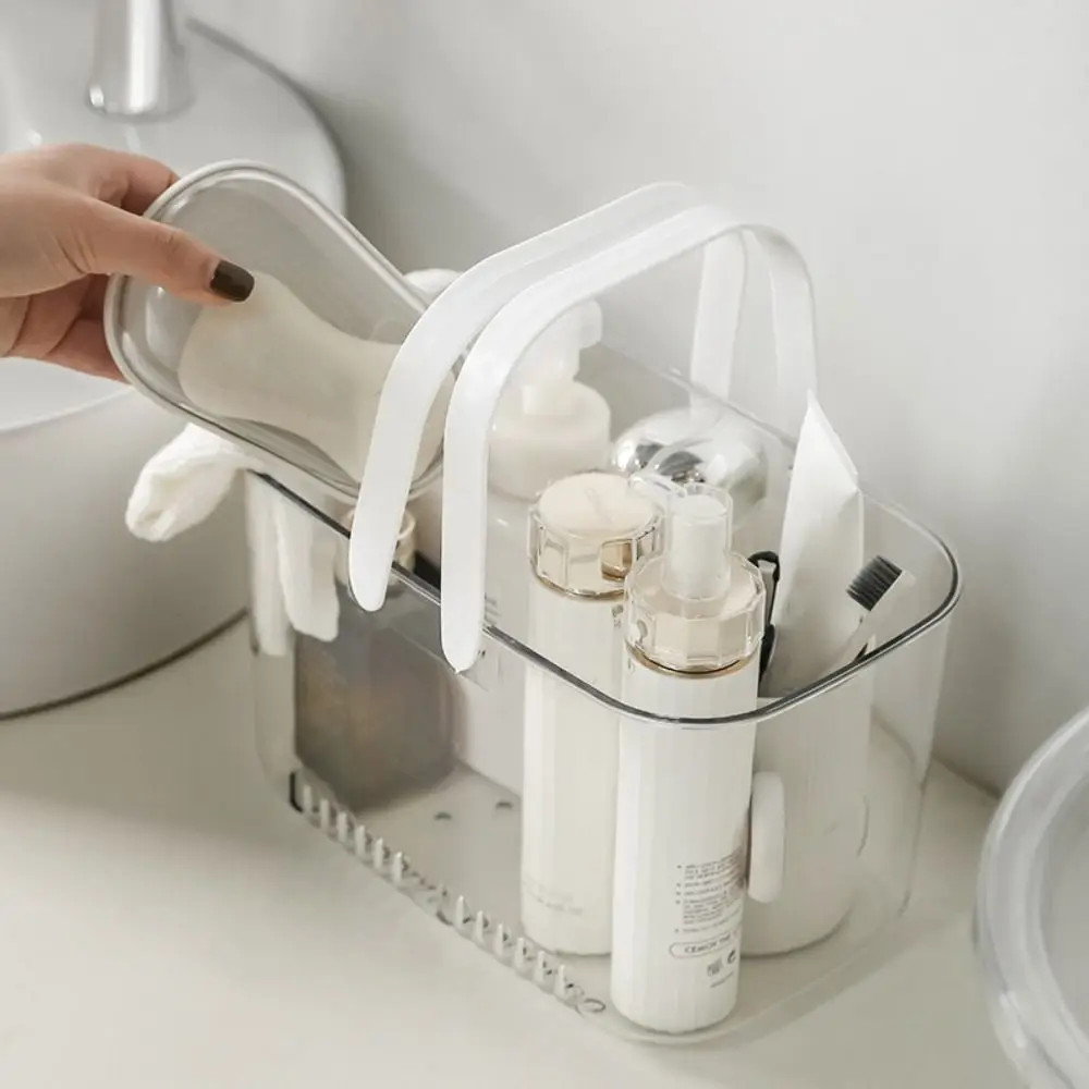 Bath Basket Organizing Basket Bottom Hollow Easy to Drain Transparent Bathhouse Storage with Transparent Handles