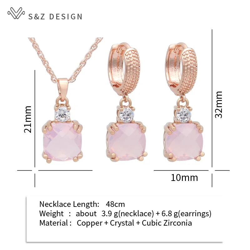 S&Z DESIGN New Fashion 585 Rose Gold Color Square Crystal Drop Earrings Jewelry Sets For Women Wedding Pendant Necklace Gift