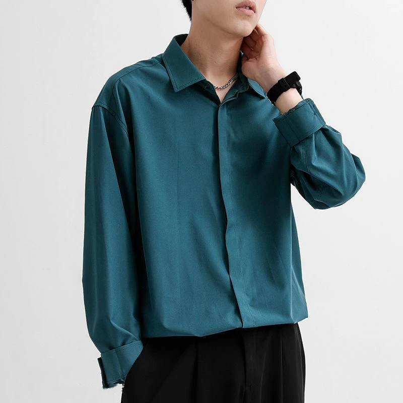 Korean Men Clothing Drape Shirts for Men Solid Color Lapel Long Sleeve Ice Silk Business Casual Buttons Silk Shirt