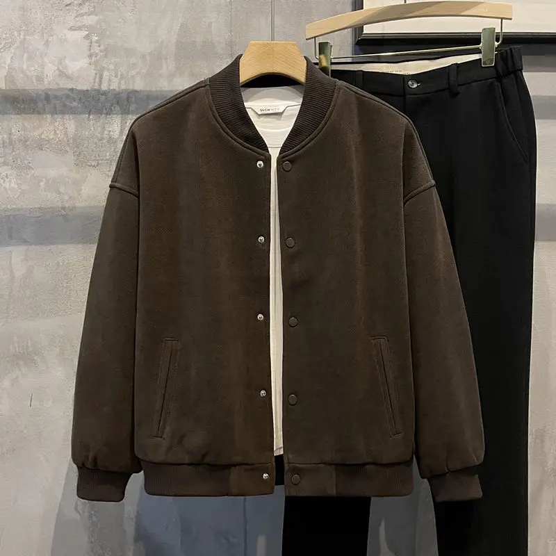 Description Picture 4 of item2024 New Retro Casual Baseball Coat Men's Solid Color Simple Long Sleeved Warm Jacket Top Trendy Spring Autumn and Winter Wear