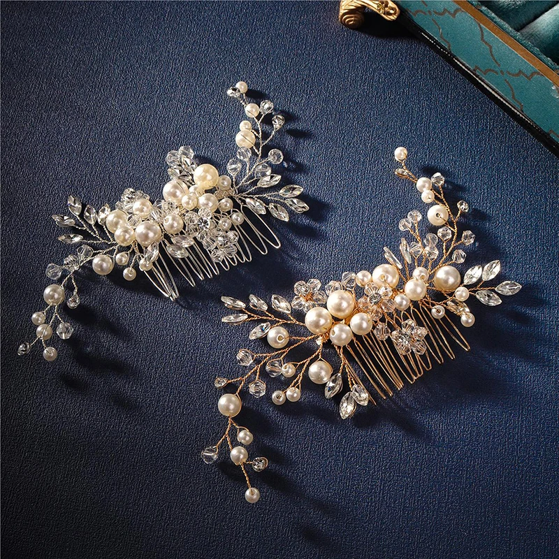 Mode Braut Perle Haarkamm Silber Gold Hochzeit Kopf bedeckung Haars pangen Kristall Perlen klassischen Schmuck Haarschmuck – Detail 3
