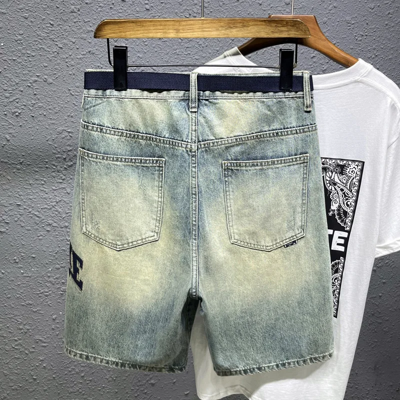 2024Summer New Nostalgic Light Blue Middle Pants Denim Shorts Men's Trendy Casual Stretch Fashion Fifth Pants