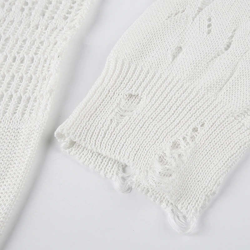 Ripped Women Full Length Pullovers Knitting Loose Casual Beggar Style Hollow Out Lady T-shirt Harajuku Streetwear Y2K