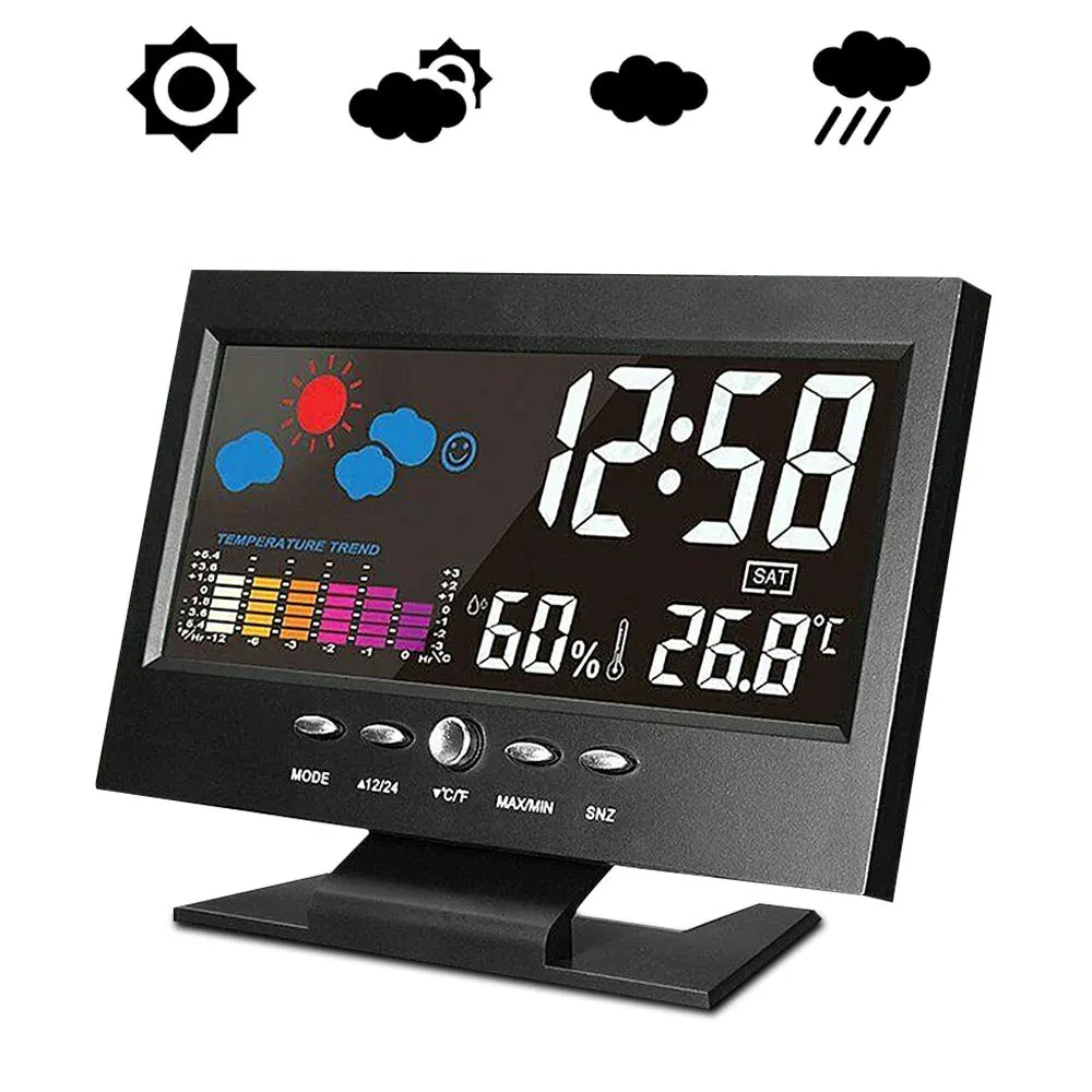 LED digital alarm clock with snooze display calendar thermometer voice activated backlit weather forecast for home student desktop clock weather station
