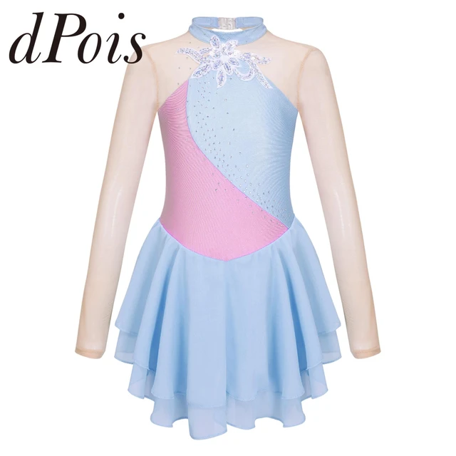 Comprar Vestido de patinaje artístico de manga larga para niñas, tutú de  malla con diamantes de imitación brillantes, vestido de leotardo de danza y  gimnasia para ballet