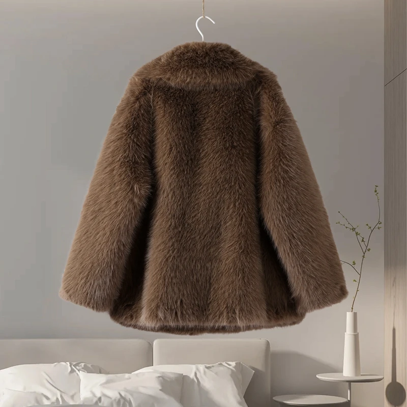 Luxury Women's Brown Faux Fur Coat Lapel Mid-Length Loose Imitation Plush Furry Buckle Overcoat Winter Lady Thick Warm Outwear 24 Luxury Women's Brown Faux Fur Coat Lapel Mid-Length Loose Imitation Plush Furry Buckle Overcoat Winter Lady Thick Warm Outwear