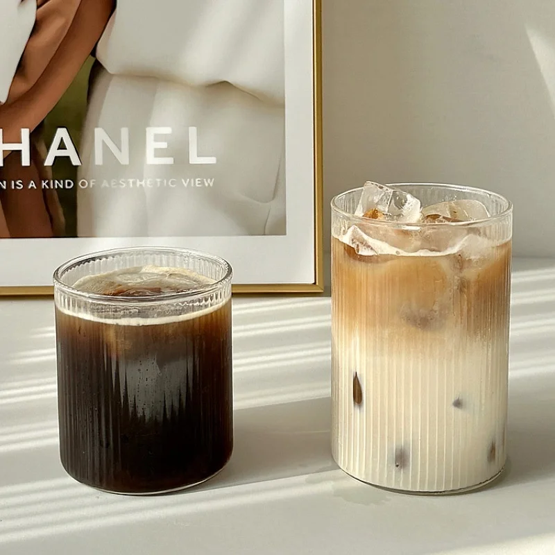 Household Vertical Pattern Milk Cup, Iced Coffee Beverage Cup, Transparent Glass, Large Capacity, Single-layer New