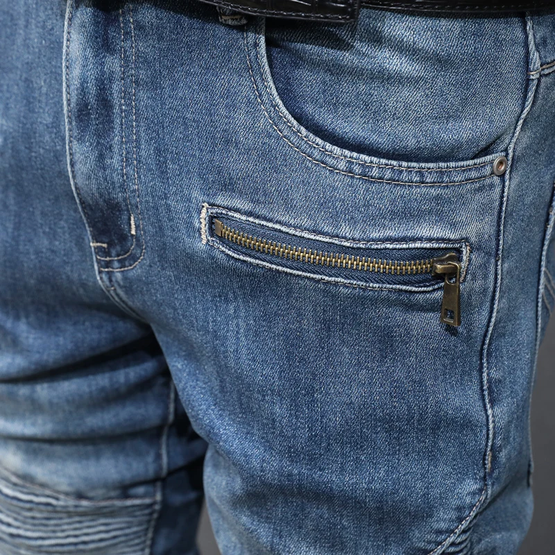 High Street Fashion Men Jeans Retro Blue Elastic Skinny Fit Spliced Biker Jeans Men Bottom Zipper Designer Patched Hip Hop Pants