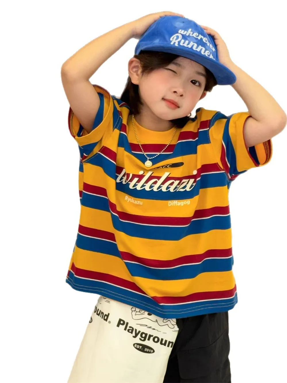 루즈핏 스트라이프 컬러 블록 반팔 아메리칸 캐주얼 프린트 티셔츠 (남아용) 여름 신상품 트렌디한 라운드넥 티