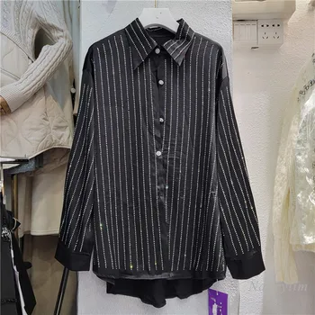 여성용 전신 라인스톤 셔츠, 라펠 긴팔, 루즈한 새틴 블라우스, 다목적 상의, 화이트 블랙, 유럽 패션, 가을