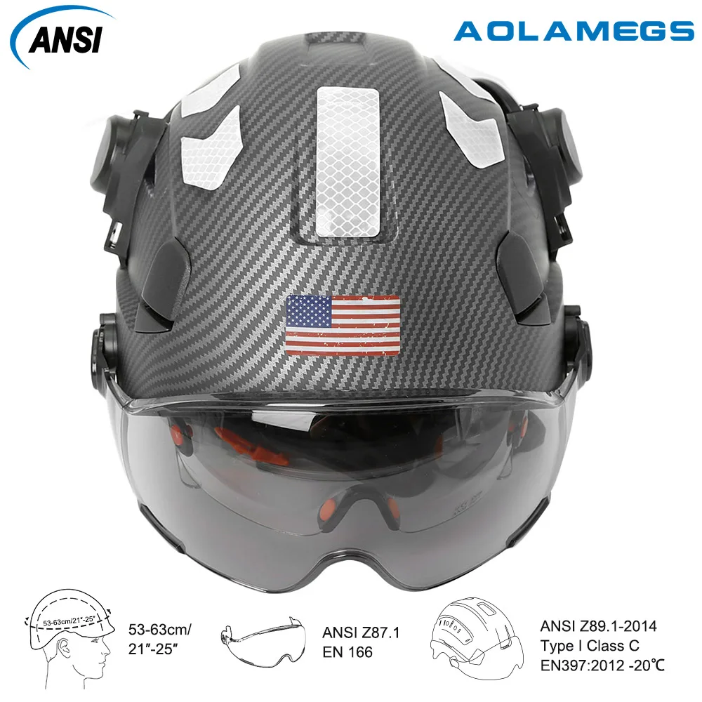 Safety Helmet Carbon Fiber Pattern Construction Safety Helmet With Build in Visor Earmuff and Reflective Sticker ABS Head Protection Hard Hat