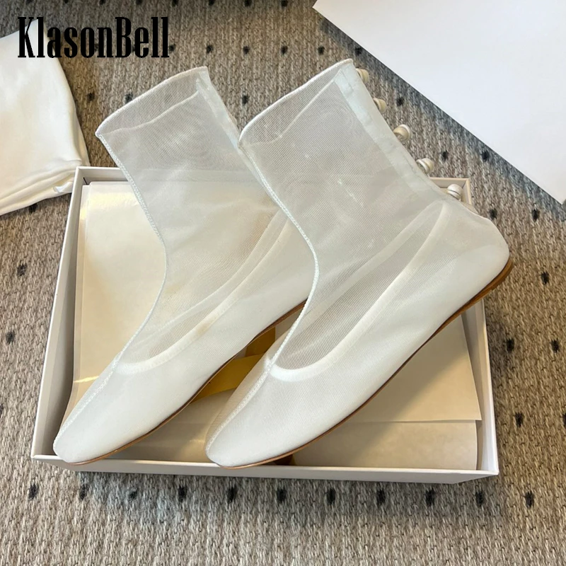 3.28 KlasonBell 여성용 2024 런웨이 메쉬 통기성 얇은 부츠, 싱글 브레스트 짧은 부츠, 새로운 패션