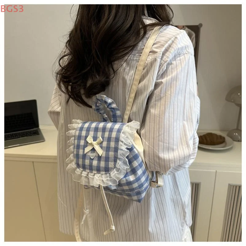 INS Cute Girl's Backpack High-Quality White And Blue Checkered Cute Handbag 2