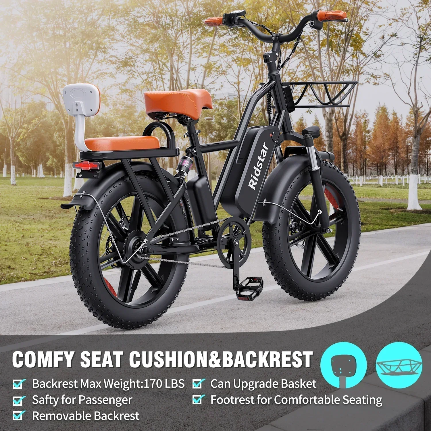 Ridstar FM-001 Electric Bicycle 1000W 48V 15AH Road City Ebike for Adult 20Inch Fat Tire Beach Mountain With Backseat for work