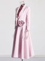 Twotwinstyle مجموعة أنيقة من قطعتين للنساء طويلة الأكمام أعلى مع طوق شال وتنورة عالية الخصر 1