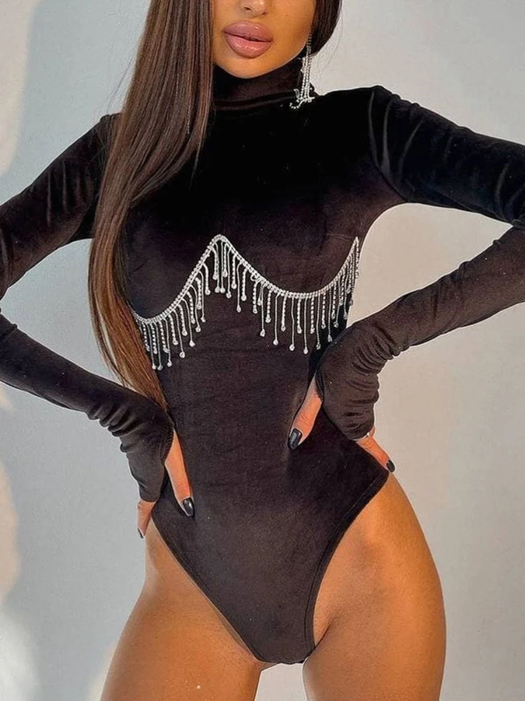 

Women's 2023 New Summer Diamond Chain Decoration High Neck Bodysuit Finger Sleeve Slim Fit Bottom Top