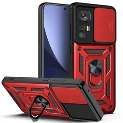 Slide Camera Armor Case with Magnetic Holder Ring and Protective Cover for Redmi Note12s 4G (Red)