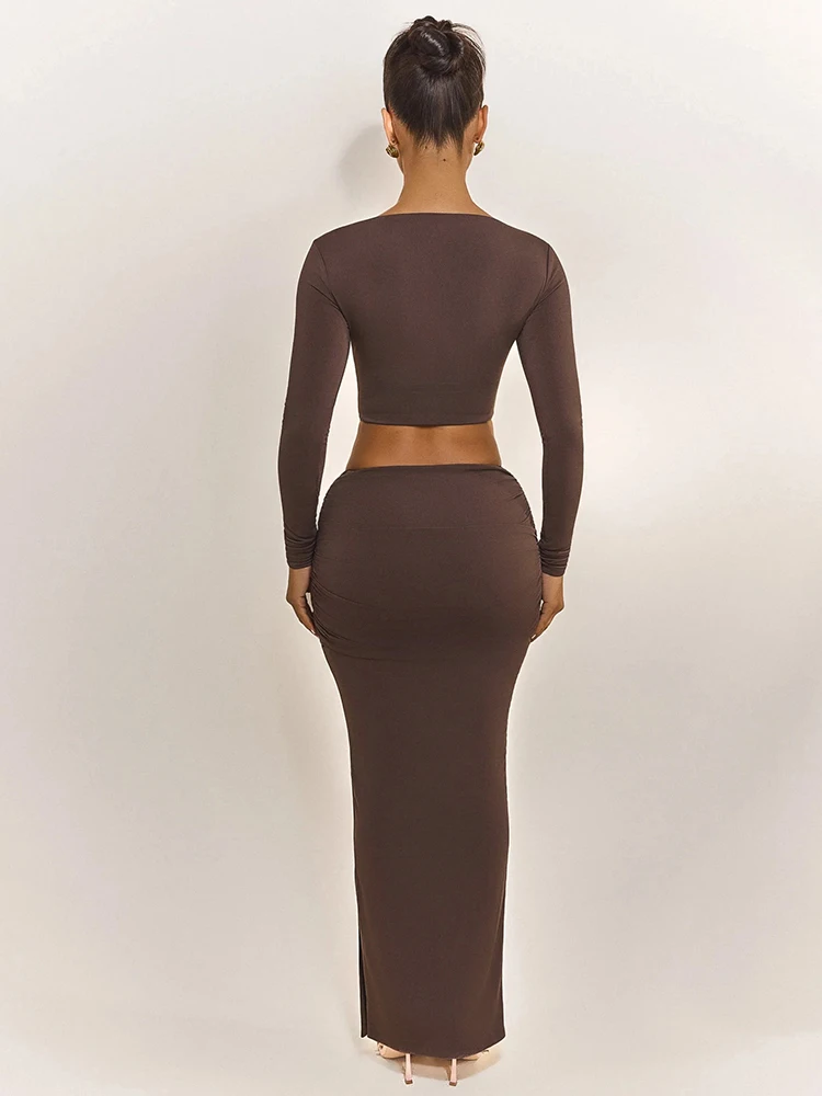 Nibber Waistless Maxi Dress Women Folds Full Sleeve Skinny Solid Backless Elasticity Side Slit Elegant Banquet Chic Vestidos