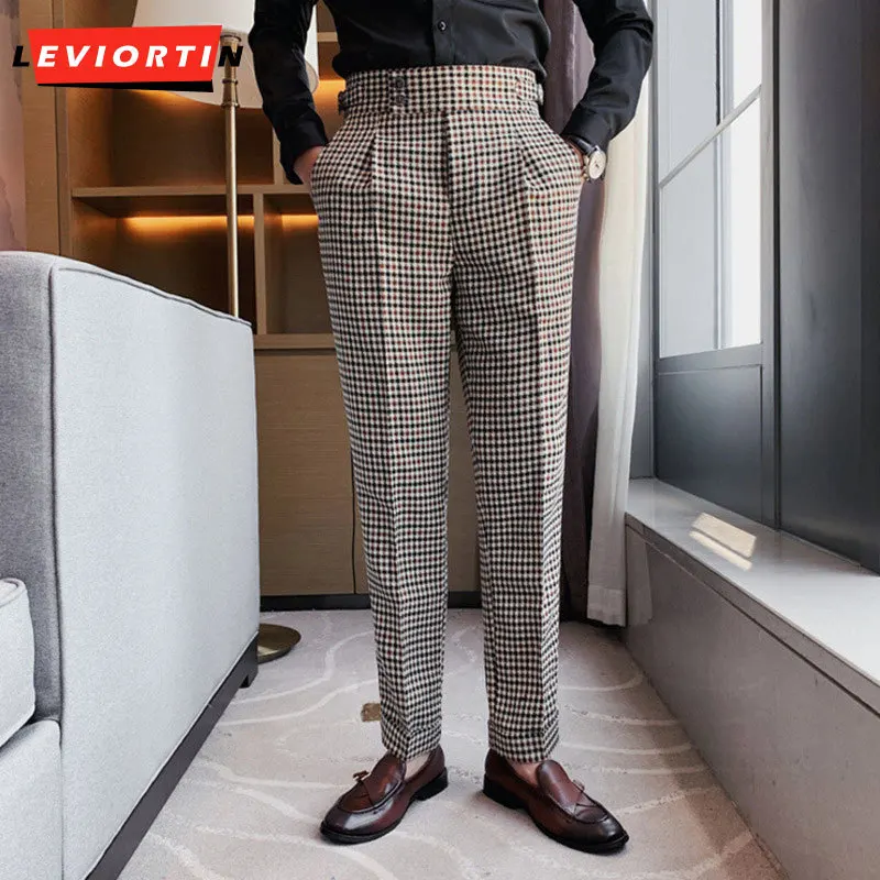 

British men's high waisted business dress, pants, fashionable casual pants, men's autumn new small checked casual pants 29-36