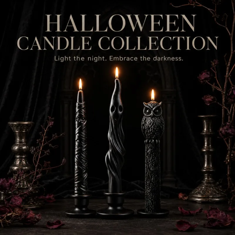 Halloween Taper Candles - Black Spooky Shapes for Gothic Table Decor Halloween Decorative Candles Black Taper Candle Mummy Ghost Owl Long Candles for Holiday Decoration 2