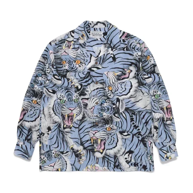 

WACKO MARIA Polyester Hundred Tiger Map Printing Hawaii Shirt TEE Men Women Breathable Button Lapel Long Sleeve Oversize Thin