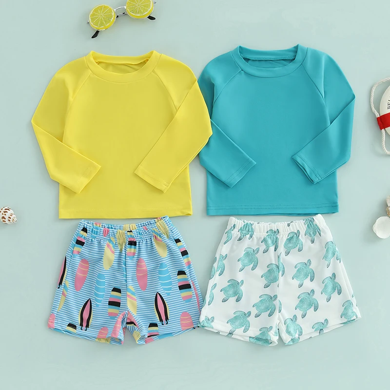 Toddler Baby Boys Rash Guard Swimsuit Set Solid Color Long Sleeve Round Neck Tops with Turtle Print Shorts 2 Pcs Set