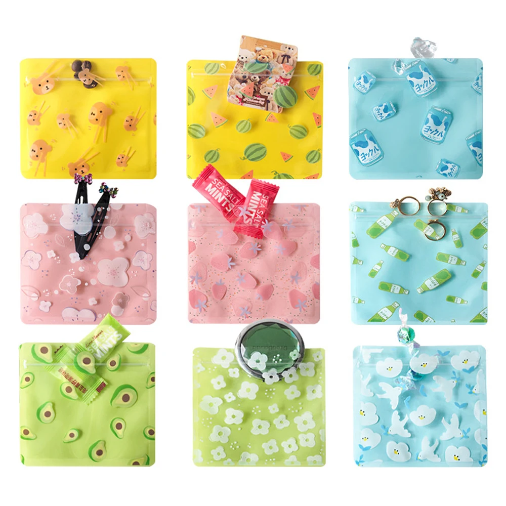 

100Pcs/lot Cartoon Printed Clear Plastic Self Sealing Zip Lock Storage Bag Tear Notch Reclosable Candy Bean Pack Pouches