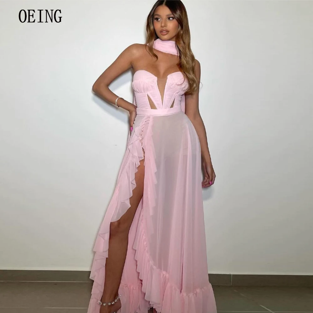 

OEING Baby Pink Chiffon Vestidos De Gala Mujer Strapless High Split Ruched Homecoming Dresses Sexy Custom Made Evening Prom Gown