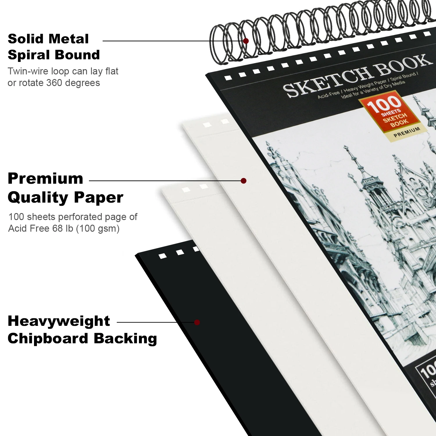 Sketch Book 9" x 12" Top Spiral Bound Sketch Pad 100 Sheets 68lb/100gsm Drawing Paper 1 Pack
