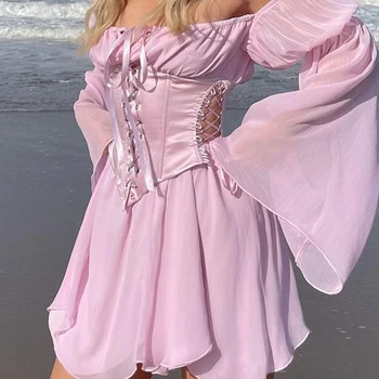 IAMSURE Beach Style Vintage Chiffon Dress With Corset Bandage Hollow Out Bustier Prairie Chic Flare Sleeve Dresses 2 Pieces Set