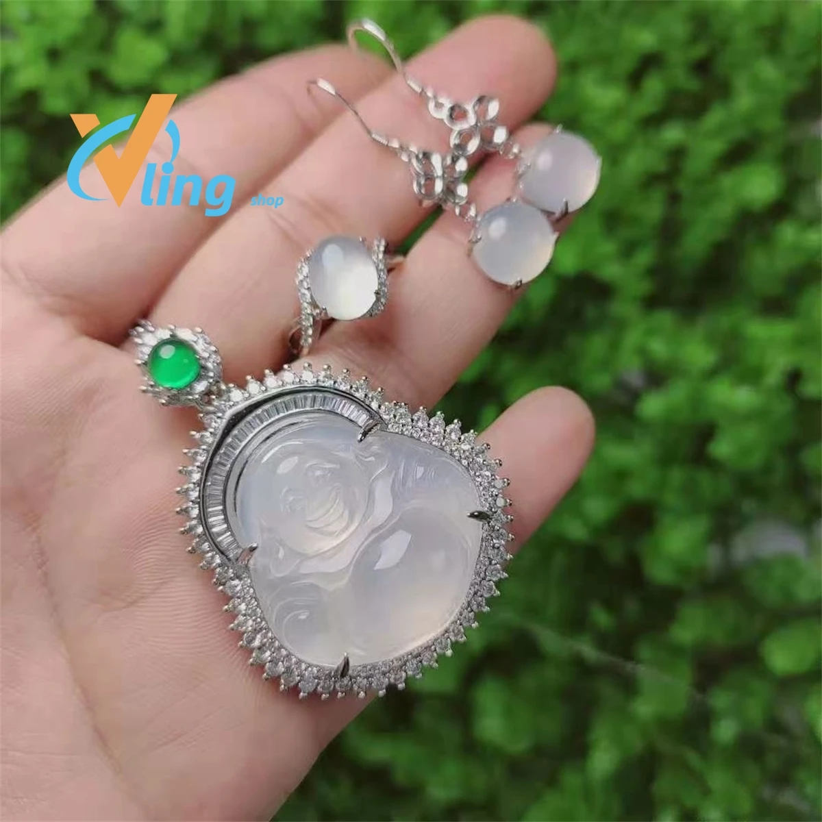 Fashion S925 Silver Inlaid High Ice White Jade Pith Buddha Pendant Ring Earrings Three Piece Set Gift Charm Retro Jewelry