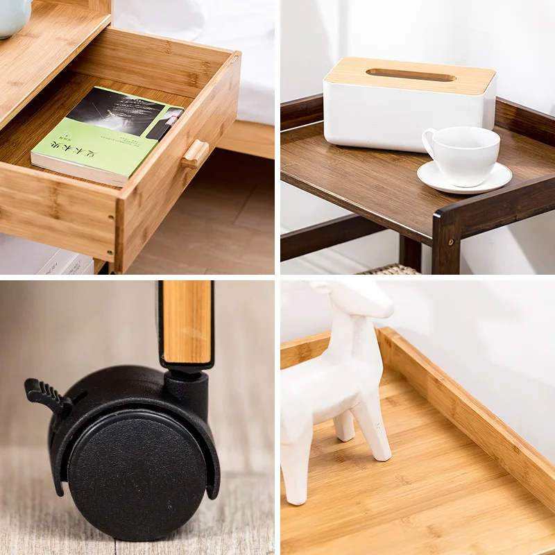3 Layers Living Room Bamboo Furniture Movable Tea Coffee Tables Home Creative Beside Sofa Family Corner Square Table with Wheels