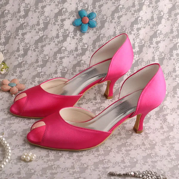 

Wedopus Simple Peep Toe Pumps Fuchsia Satin Plain Satin Evening Heels