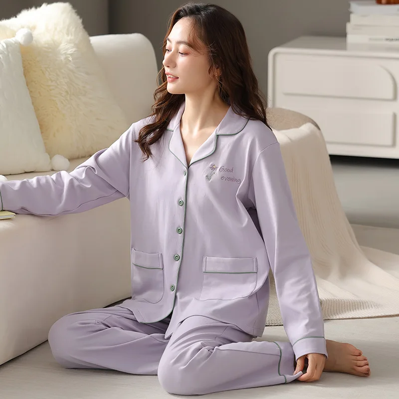 Spring Autumn Women's Pure Cotton Pajamas Long Sleeve Cardigan Oversized Loose Fitting Home Clothing Set Sweet Lovely Sleepwear